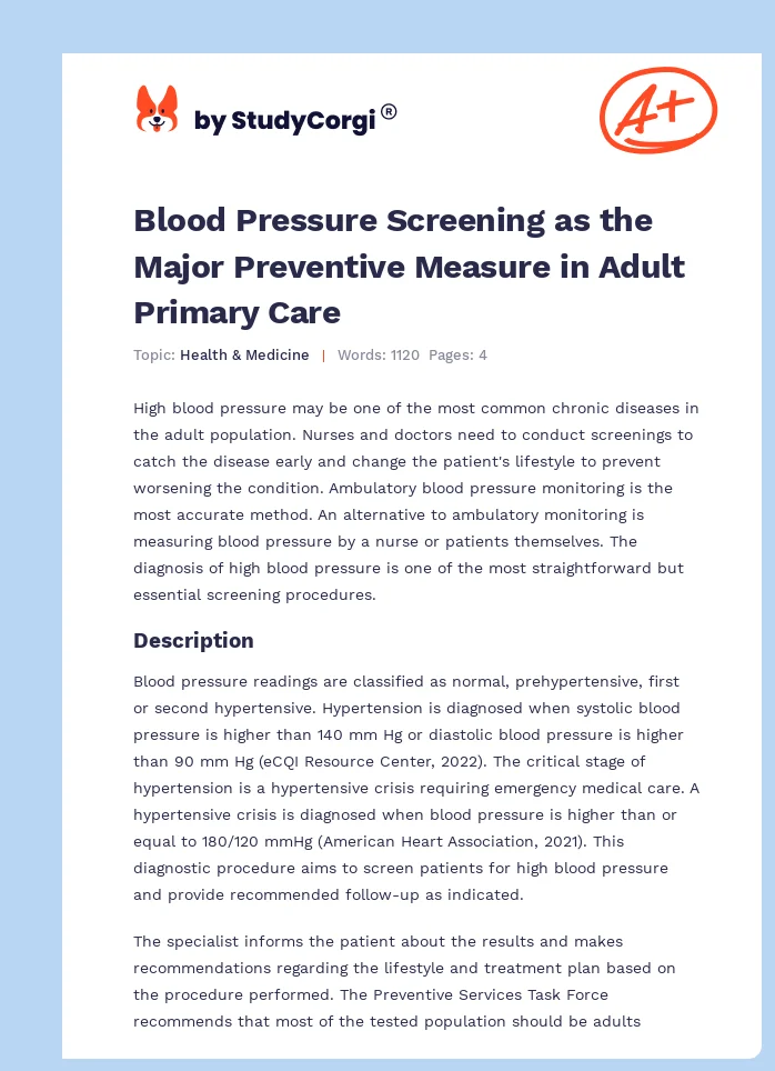 Blood Pressure Screening as the Major Preventive Measure in Adult Primary Care. Page 1