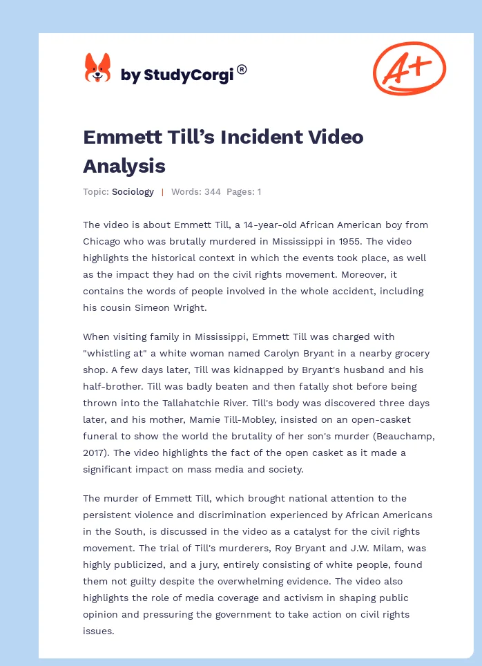 Emmett Till’s Incident Video Analysis. Page 1