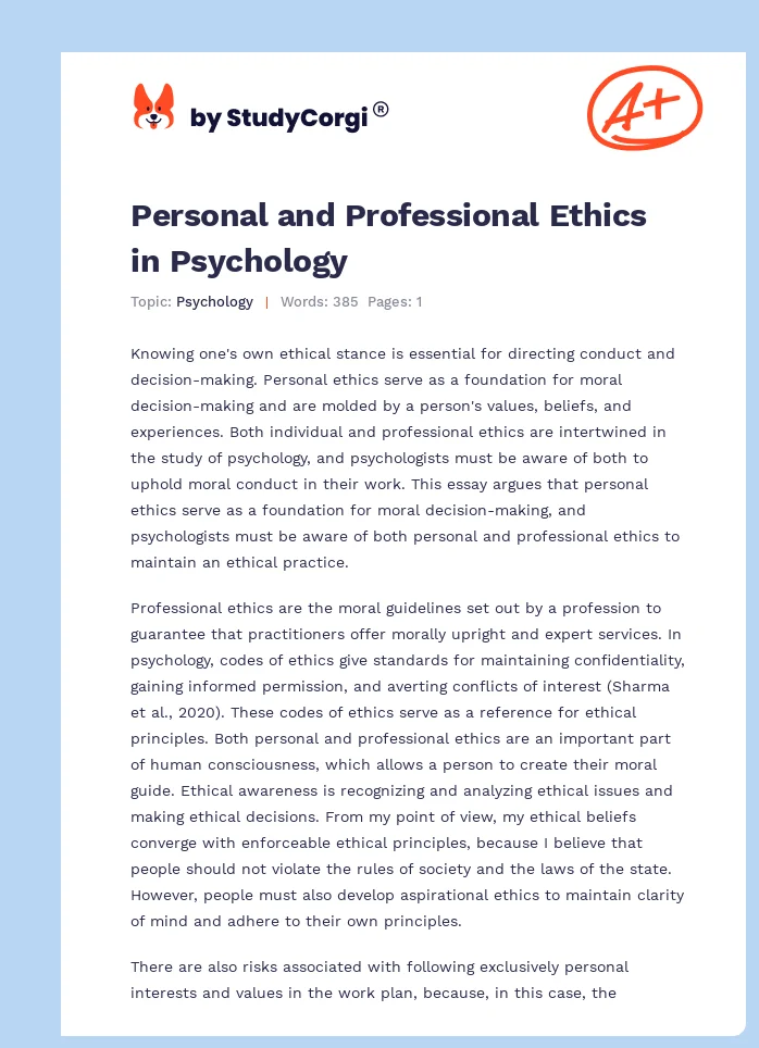Personal and Professional Ethics in Psychology. Page 1