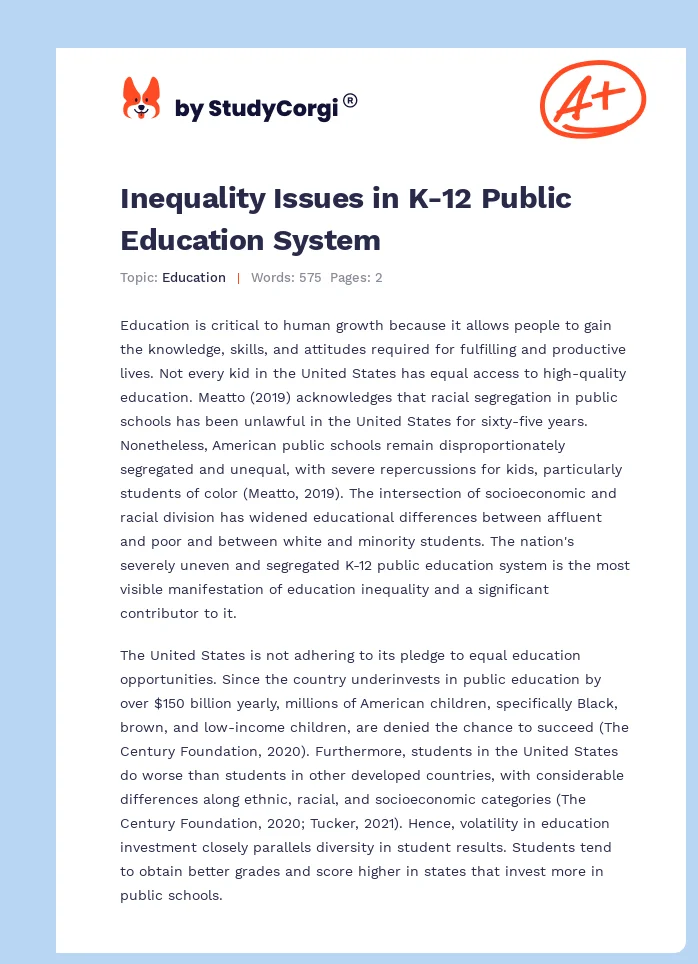 Inequality Issues in K-12 Public Education System. Page 1
