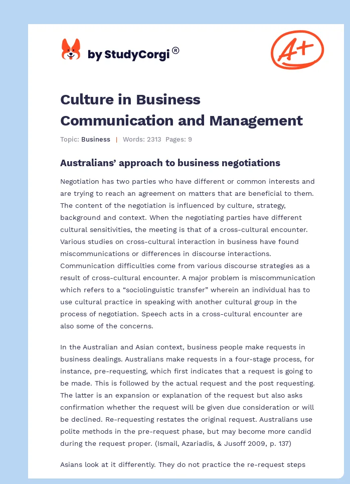 Culture in Business Communication and Management. Page 1