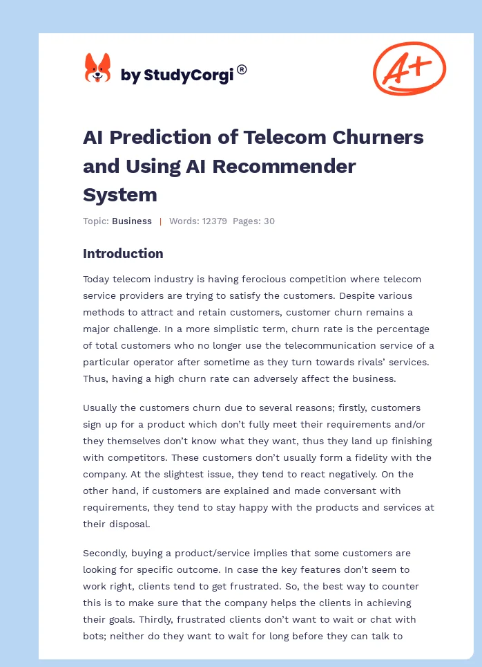 AI Prediction of Telecom Churners and Using AI Recommender System. Page 1