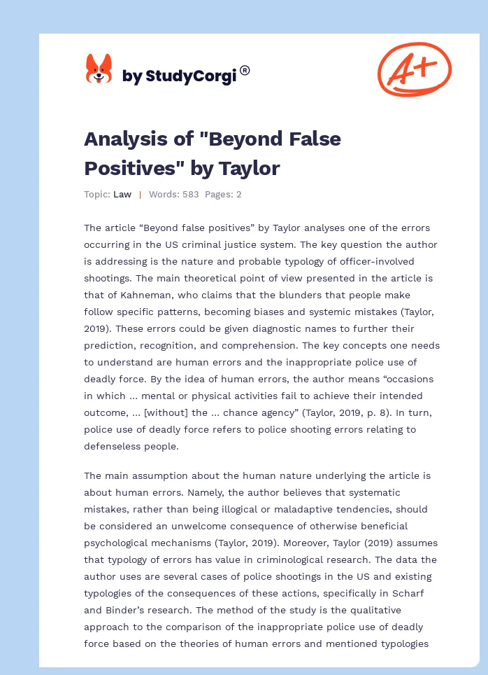 Analysis of "Beyond False Positives" by Taylor. Page 1