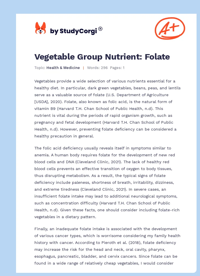 Vegetable Group Nutrient: Folate. Page 1
