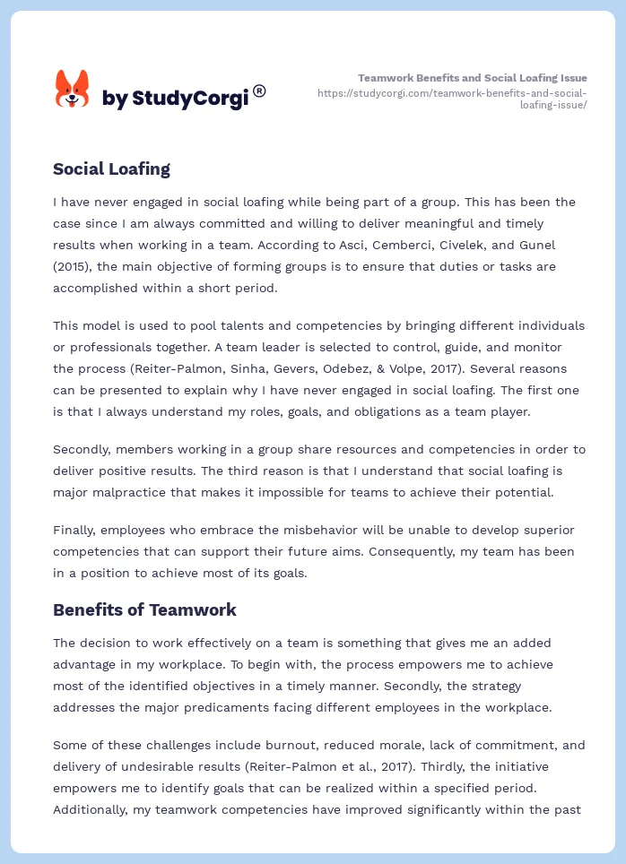 Teamwork Benefits and Social Loafing Issue. Page 2
