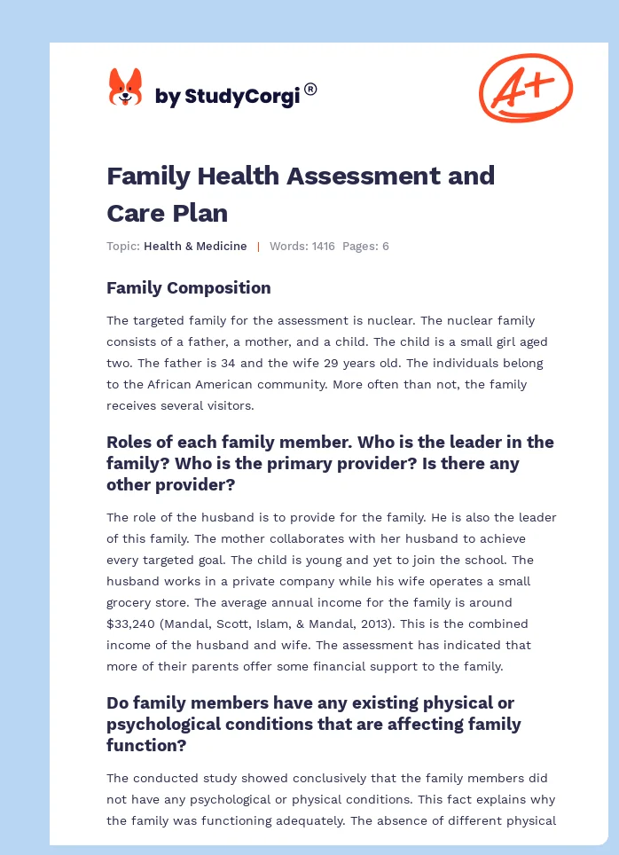 Family Health Assessment and Care Plan. Page 1