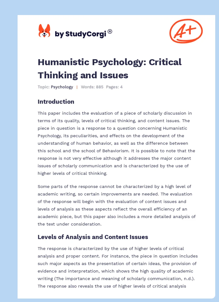 Humanistic Psychology: Critical Thinking and Issues. Page 1