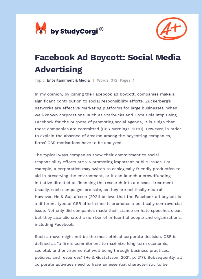 Facebook Ad Boycott: Social Media Advertising. Page 1