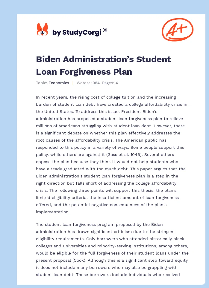 Biden Administration’s Student Loan Forgiveness Plan. Page 1