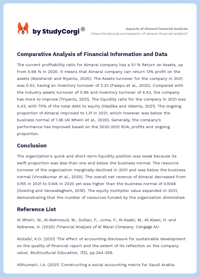 Aspects of Almarai Financial Analysis. Page 2