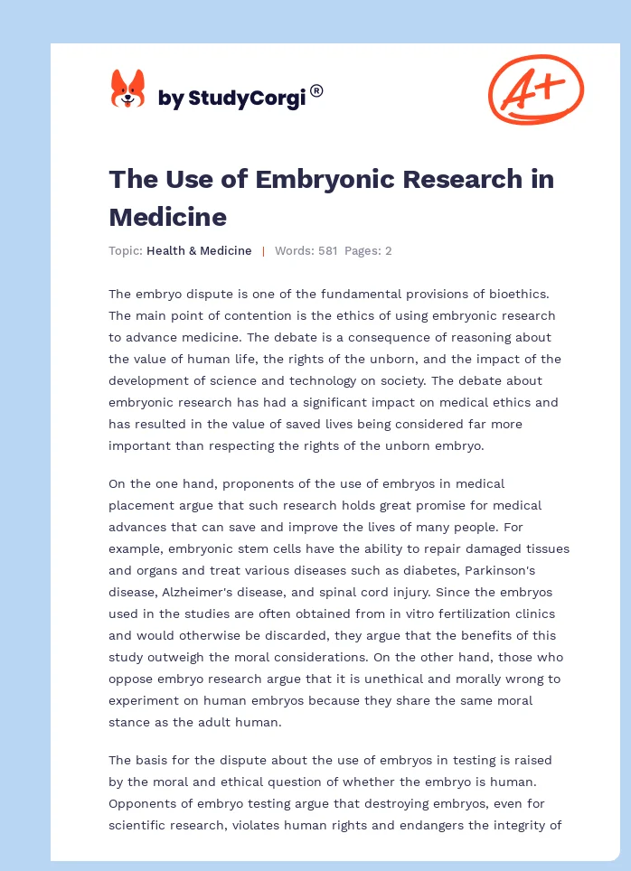 The Use of Embryonic Research in Medicine. Page 1