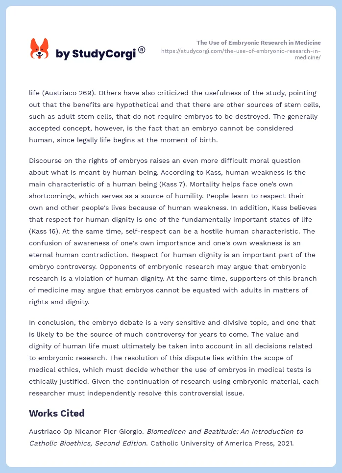 The Use of Embryonic Research in Medicine. Page 2