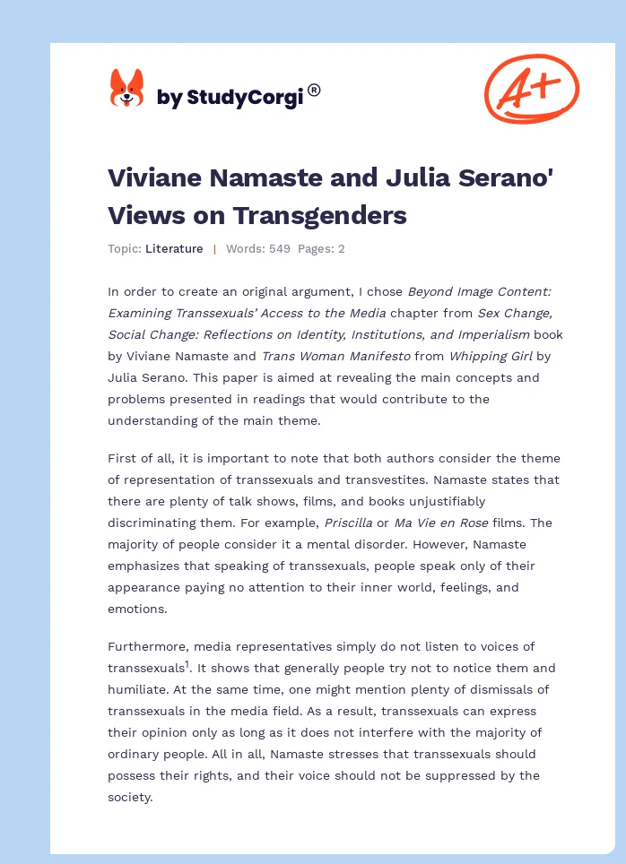Viviane Namaste and Julia Serano' Views on Transgenders. Page 1