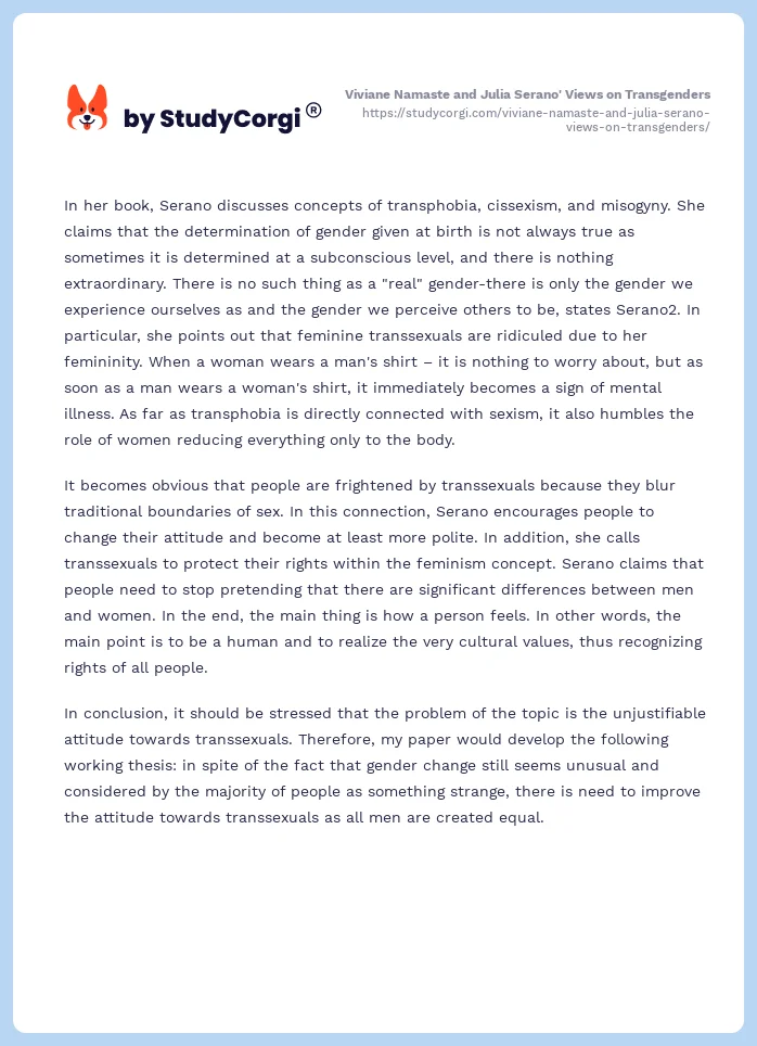 Viviane Namaste and Julia Serano' Views on Transgenders. Page 2