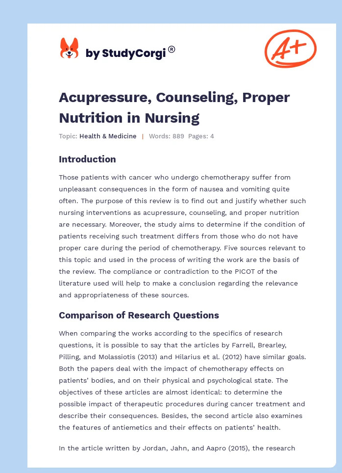 Acupressure, Counseling, Proper Nutrition in Nursing. Page 1