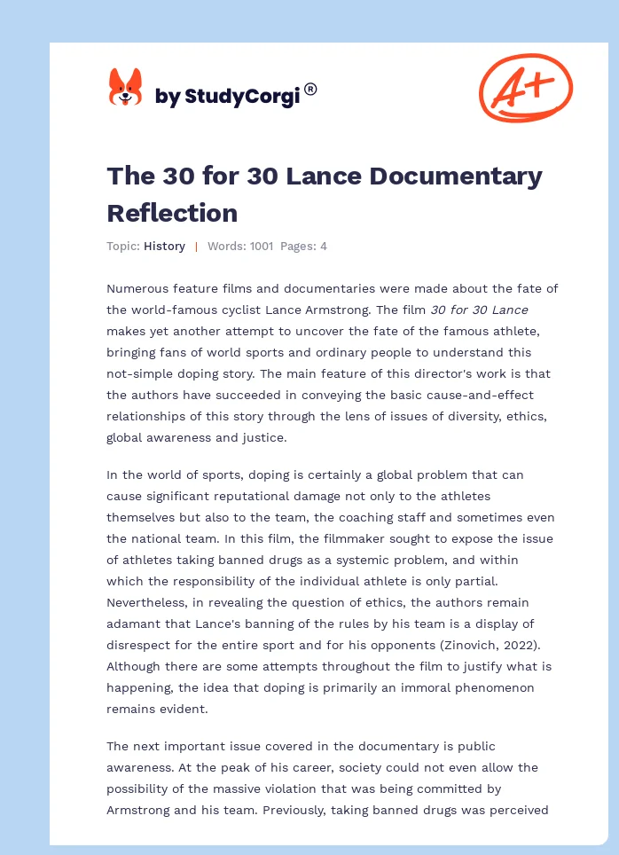 The 30 for 30 Lance Documentary Reflection. Page 1