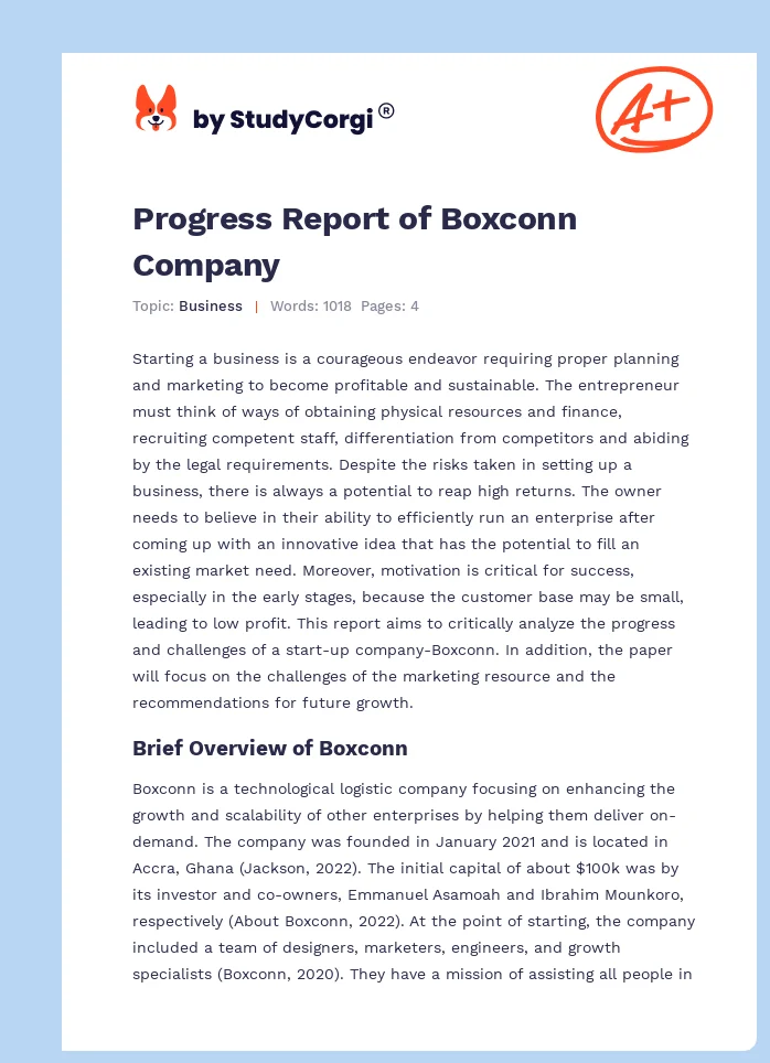 Progress Report of Boxconn Company. Page 1