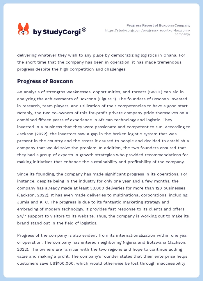 Progress Report of Boxconn Company. Page 2