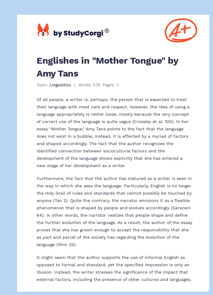 Englishes in "Mother Tongue" by Amy Tans. Page 1