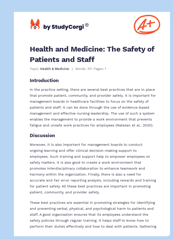 Health and Medicine: The Safety of Patients and Staff. Page 1