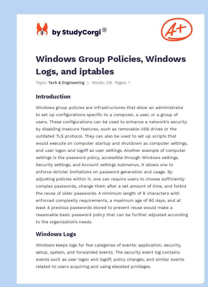 Windows Group Policies, Windows Logs, and iptables. Page 1