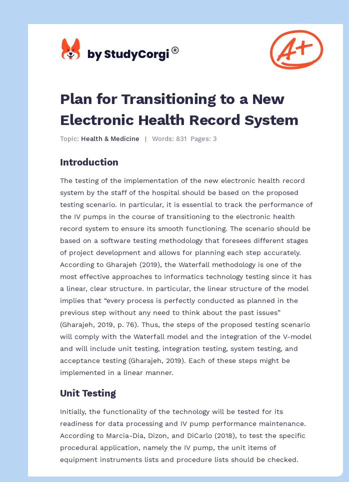 Plan for Transitioning to a New Electronic Health Record System. Page 1