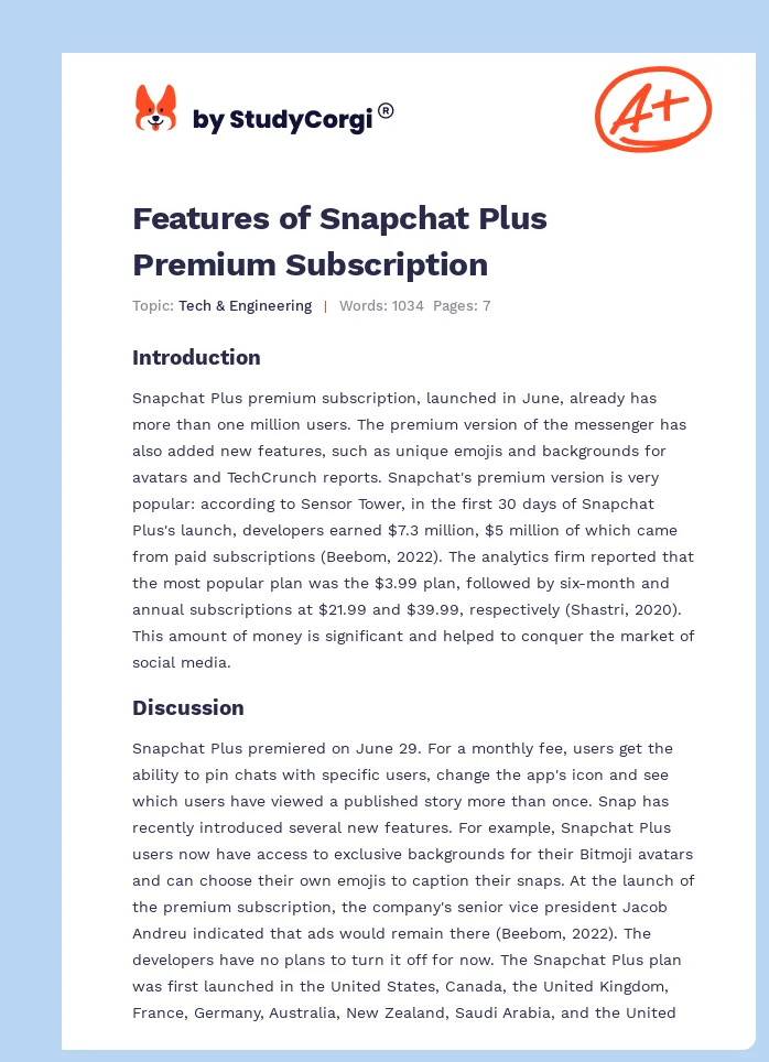 Features of Snapchat Plus Premium Subscription. Page 1