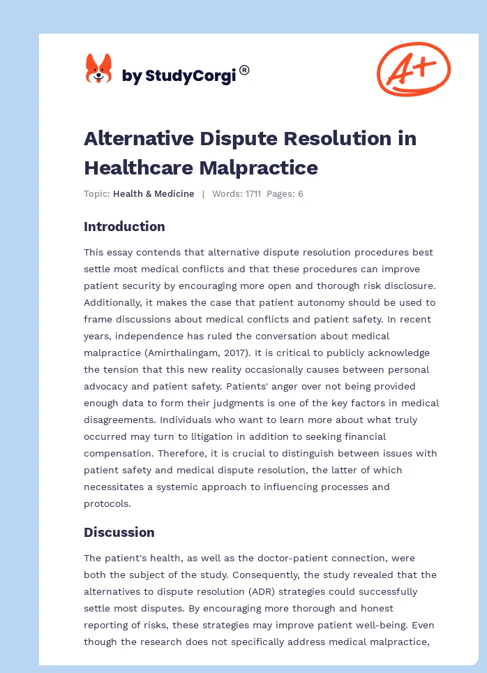 Alternative Dispute Resolution in Healthcare Malpractice. Page 1