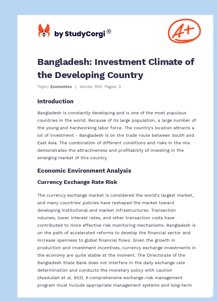 Bangladesh: Investment Climate of the Developing Country. Page 1