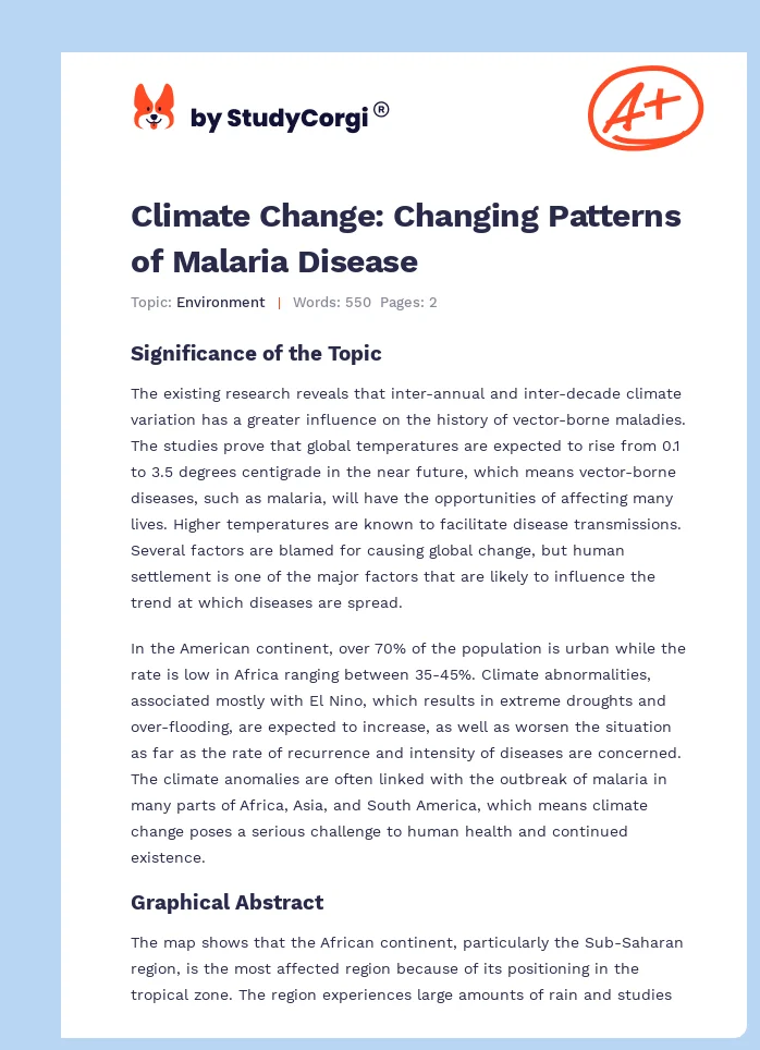 Climate Change: Changing Patterns of Malaria Disease. Page 1