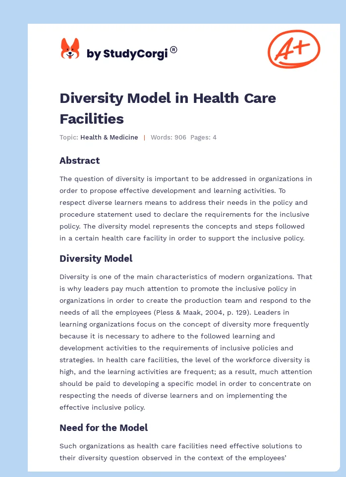Diversity Model in Health Care Facilities. Page 1