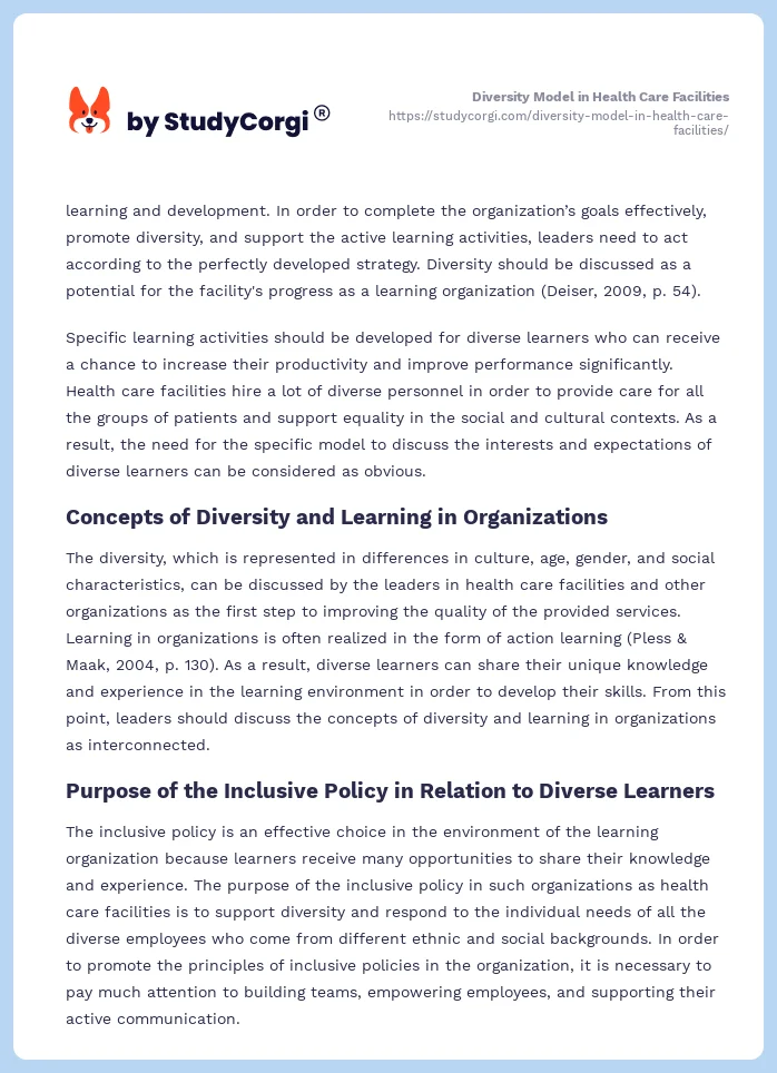 Diversity Model in Health Care Facilities. Page 2