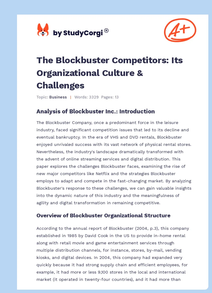 The Blockbuster Competitors: Its Organizational Culture & Challenges. Page 1