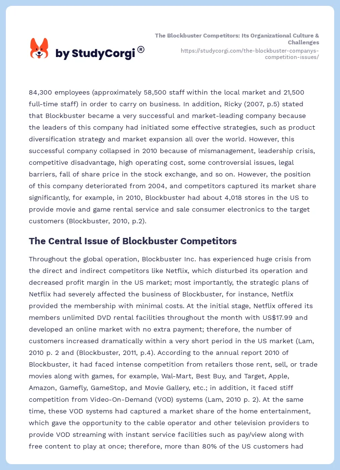 The Blockbuster Competitors: Its Organizational Culture & Challenges. Page 2
