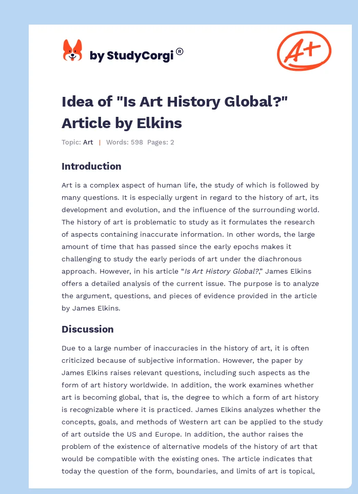 Idea of "Is Art History Global?" Article by Elkins. Page 1