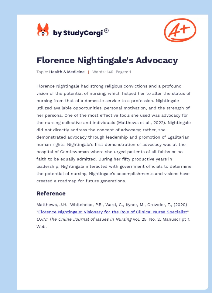 Florence Nightingale's Advocacy. Page 1