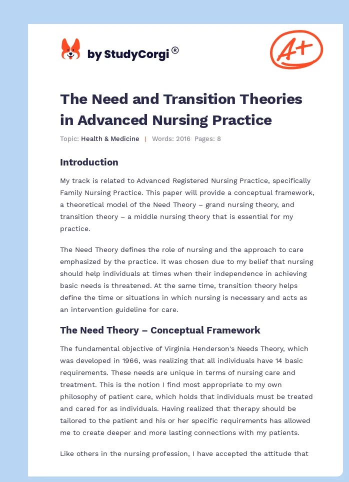 The Need and Transition Theories in Advanced Nursing Practice. Page 1