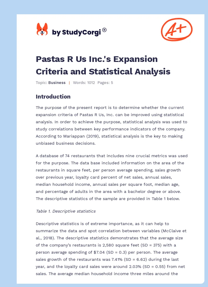 Pastas R Us Inc.'s Expansion Criteria and Statistical Analysis. Page 1