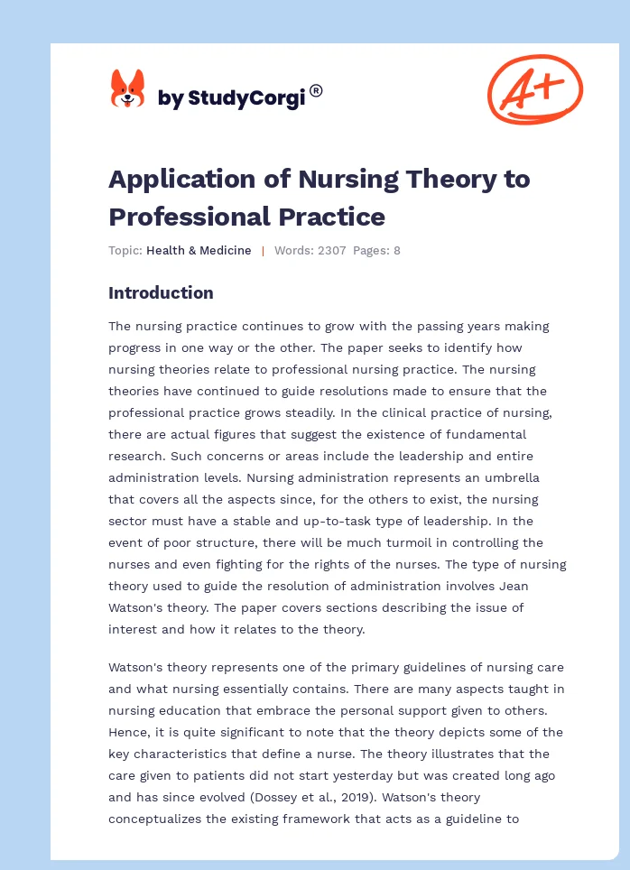 Application of Nursing Theory to Professional Practice. Page 1