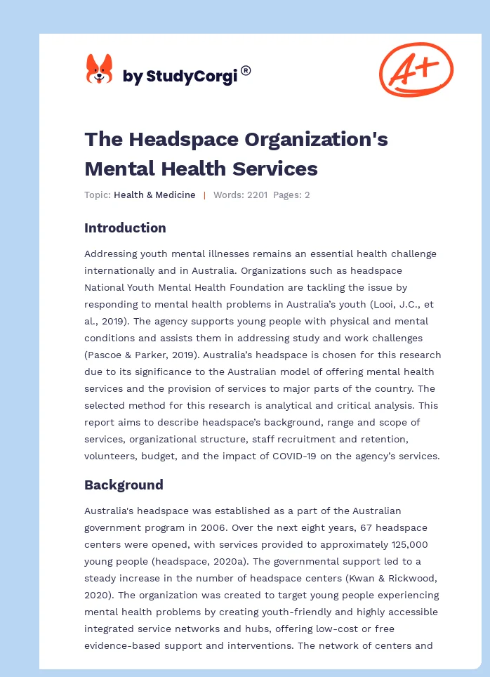 The Headspace Organization's Mental Health Services. Page 1