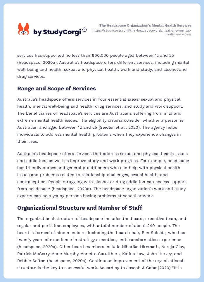 The Headspace Organization's Mental Health Services. Page 2
