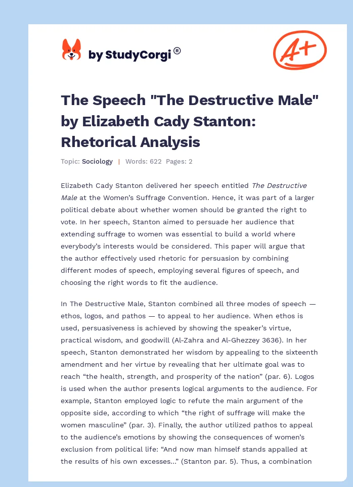 The Speech "The Destructive Male" by Elizabeth Cady Stanton: Rhetorical Analysis. Page 1