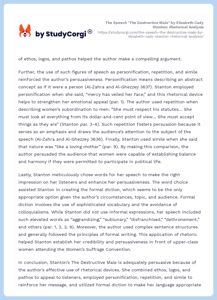 The Speech "The Destructive Male" by Elizabeth Cady Stanton: Rhetorical Analysis. Page 2