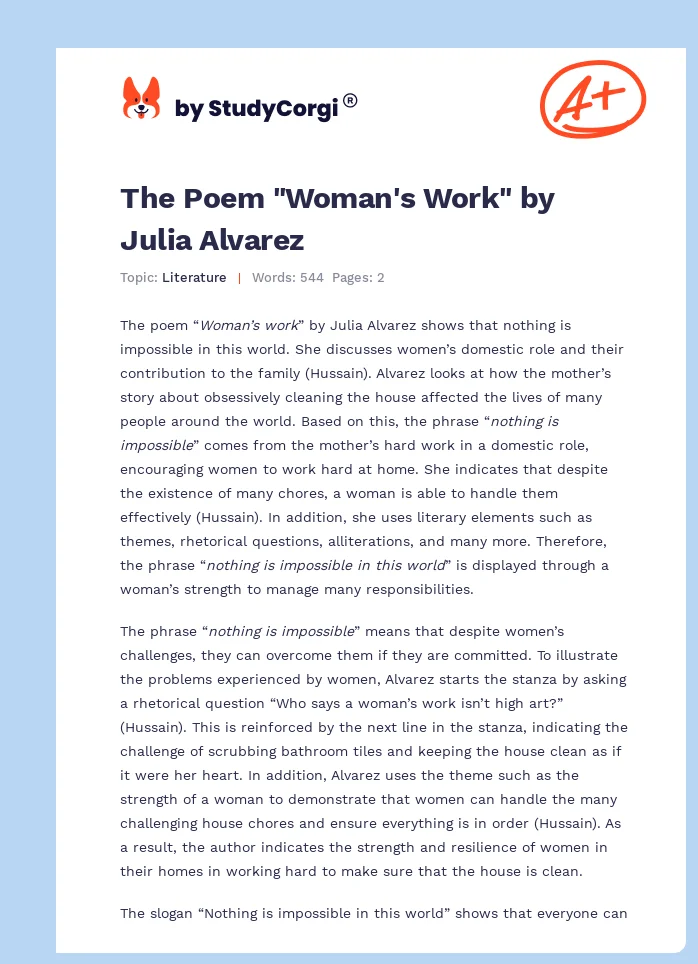 The Poem "Woman's Work" by Julia Alvarez. Page 1