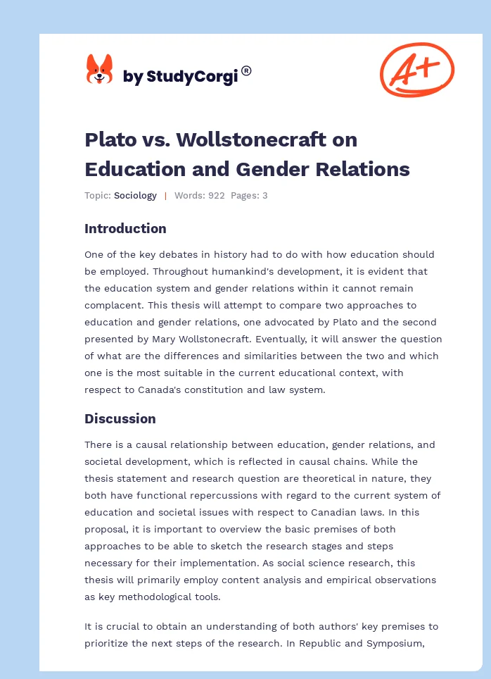Plato vs. Wollstonecraft on Education and Gender Relations. Page 1