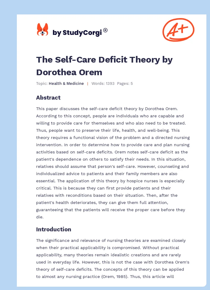The Self-Care Deficit Theory by Dorothea Orem. Page 1