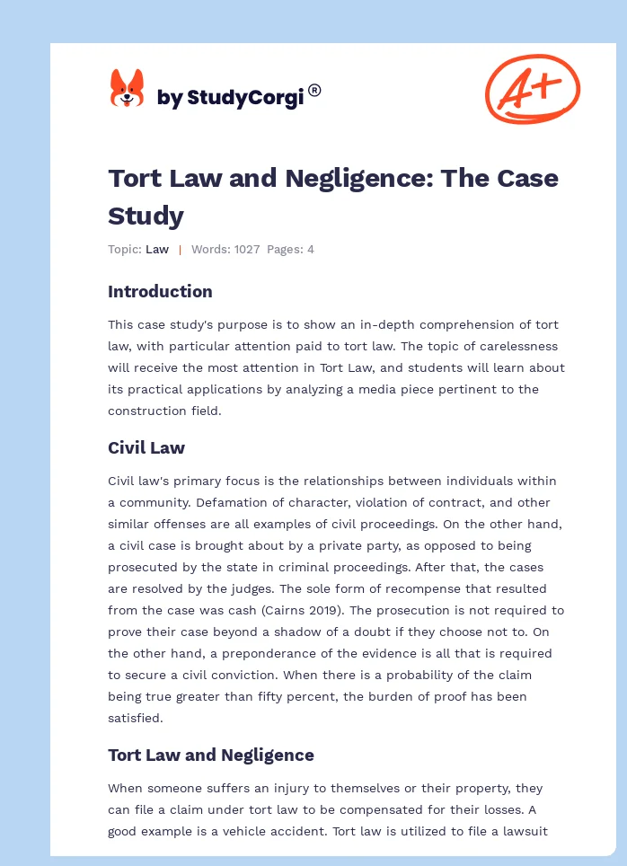 Tort Law and Negligence: The Case Study. Page 1