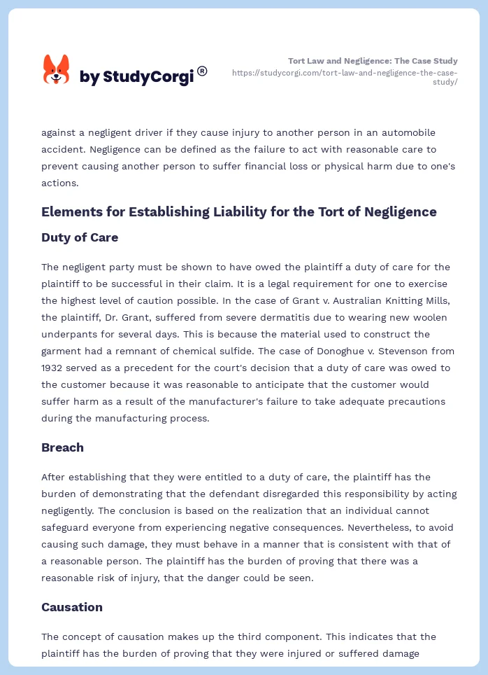 Tort Law and Negligence: The Case Study. Page 2