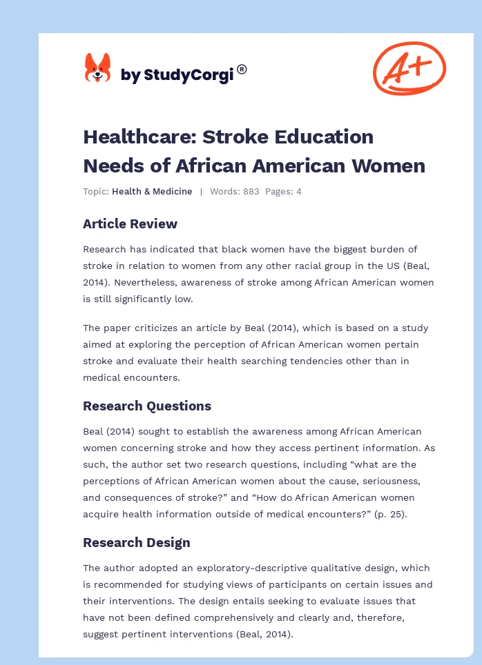 Healthcare: Stroke Education Needs of African American Women. Page 1