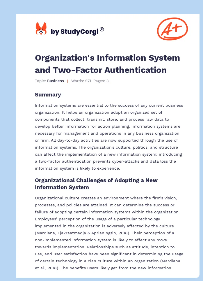 Organization's Information System and Two-Factor Authentication. Page 1